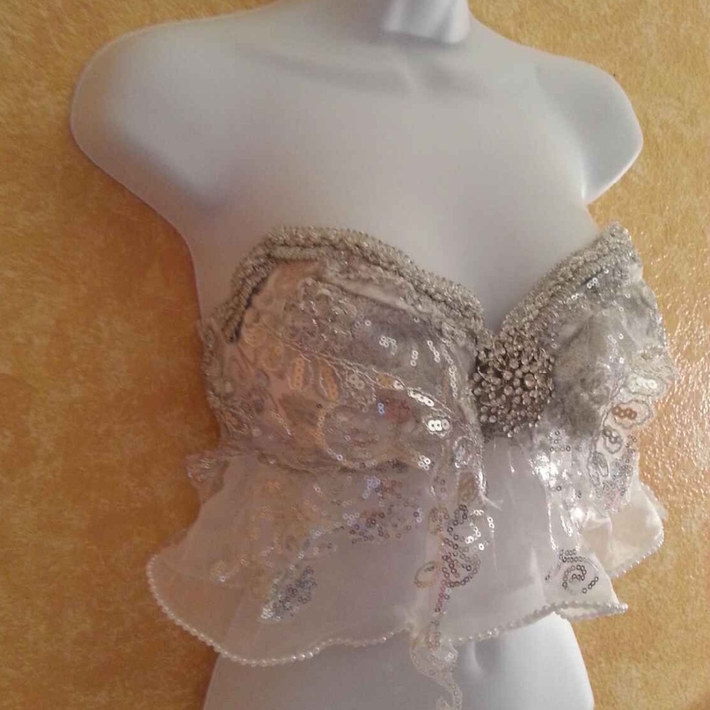 Silver Sequin Organza Crystal Babydoll Crop Top - Picture 4 of 6